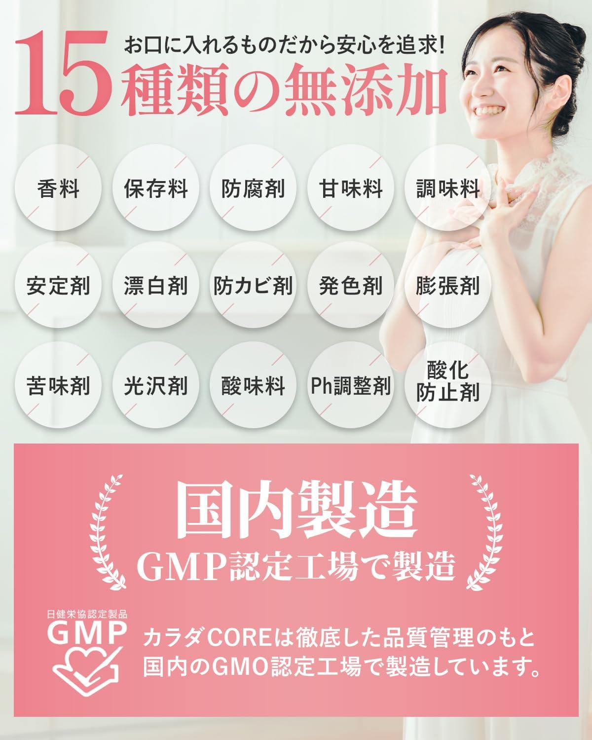 15種類の無添加と国内GMP認定工場での製造